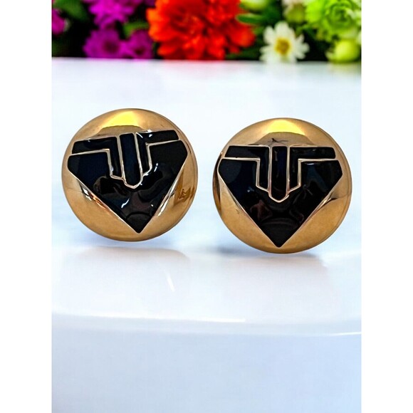 Vintage Earrings Gold Tone Black Enamel Geometric Design Clip On  5F - Picture 2 of 3